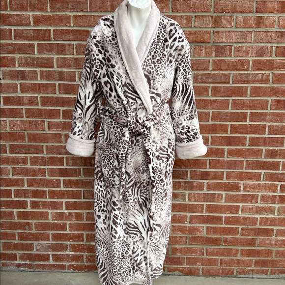 Natori Mixed Animal Print/Cream Faux Fur Trim Long Robe - Picture 1 of 9